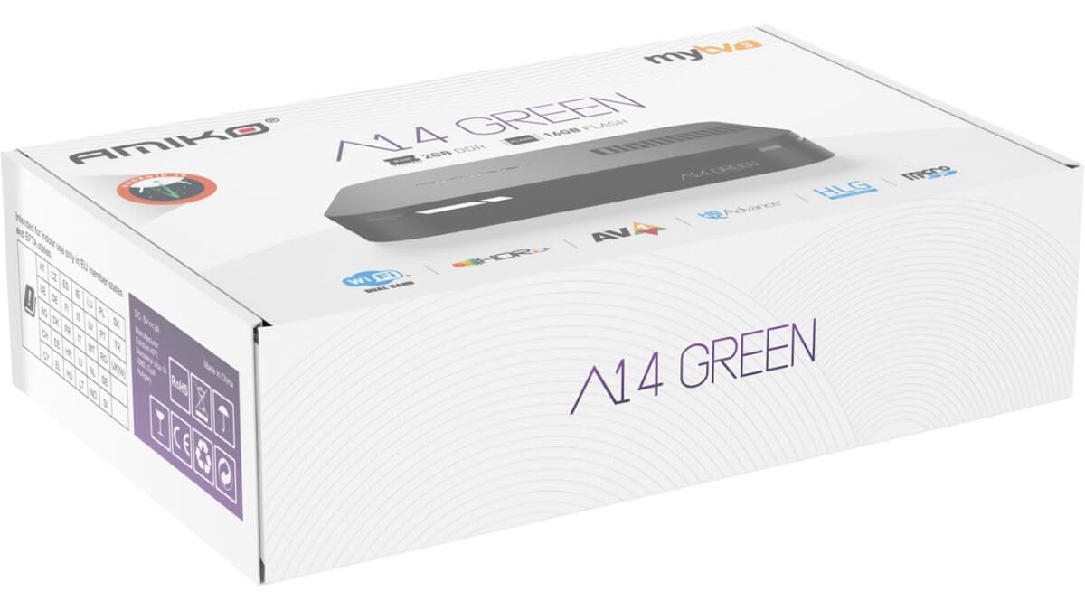 Amiko A14 4K UHD Android 14 Mytv3 Quad Core Dual Band WiFi HDR10 UK Plug TV Box Amiko 2 Go de RAM, 16 Go MMC Vert