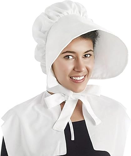 Vista 6 de Delantal de media cintura para mujer con dos bolsillos, sombrero de capó blanco, sombrero de peregrino, sombrero colonial, disfraz de cuento