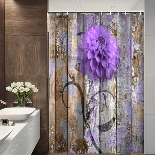 Farmhouse Flower Floral Shower Curtain, Rustic Purple Dahlia Shower Curtain Set, Country Purple Wild Garden Plant Waterproof Fabric Shower Curtain with Hooks, Surreal Bathroom Curtain, 36x70inch…