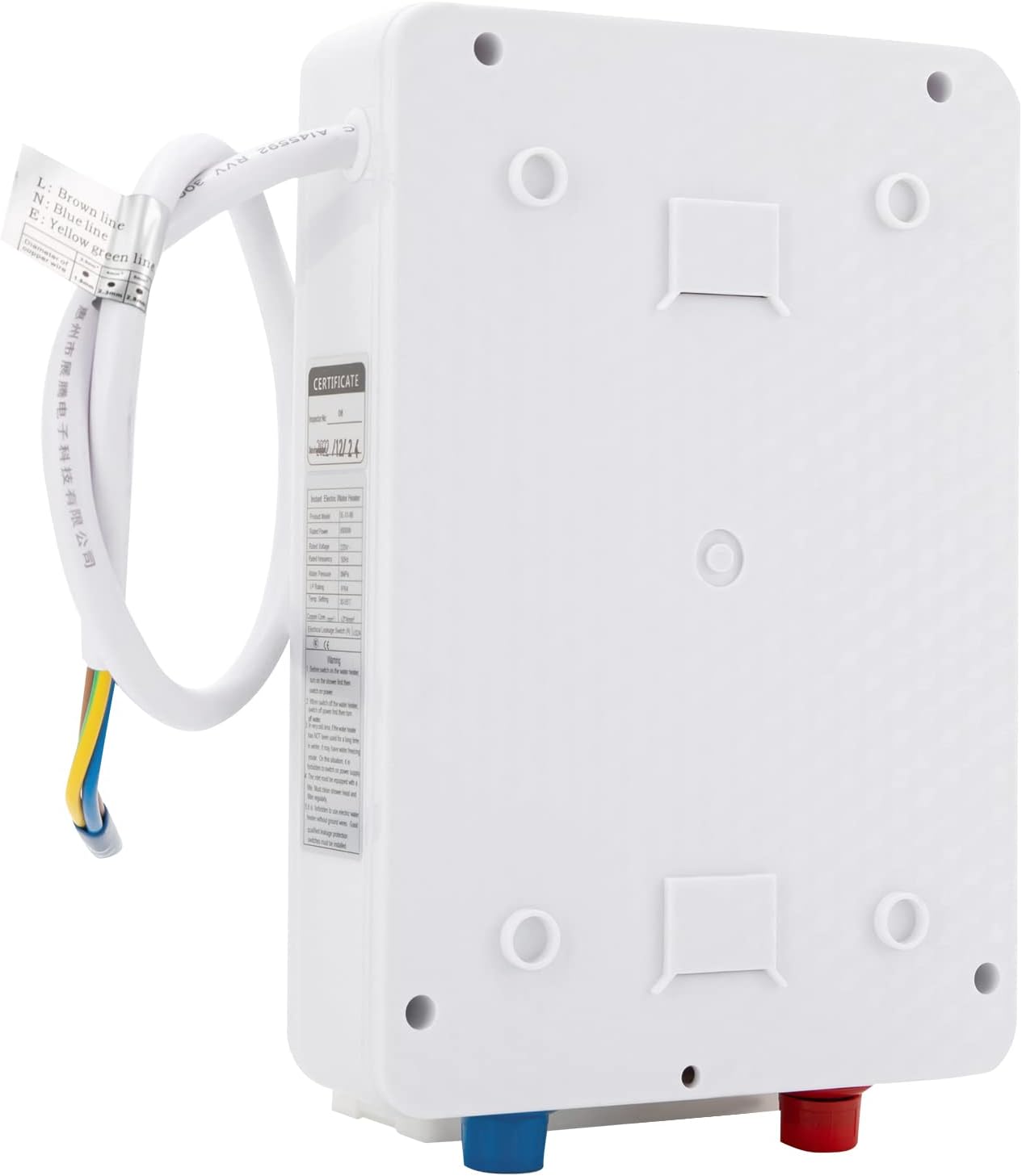 Back view of the water heater showing electrical and water connections