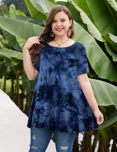 Monnuro Womens Short Sleeve Casual Loose Fit Flare Swing Tunic Tops Basic T-Shirt Plus Size(Tie Dye Blue,3X) #TOP4