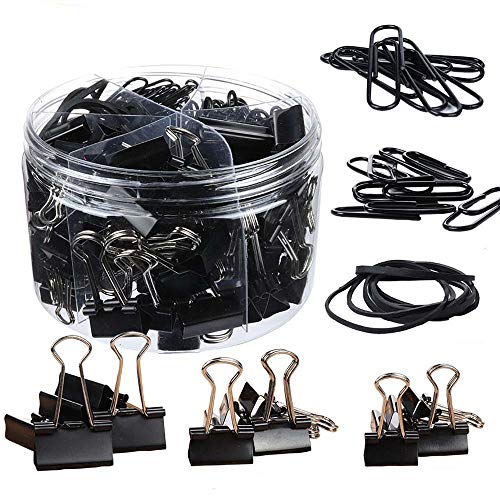 Queta Multifunctionele klemmen, set van 240 stuks, paperclips, elastiek, papierklemmen, foldback bindklemmen, verschillende afmetingen voor papierbestanden, kantoorbenodigdheden, school (zwart)