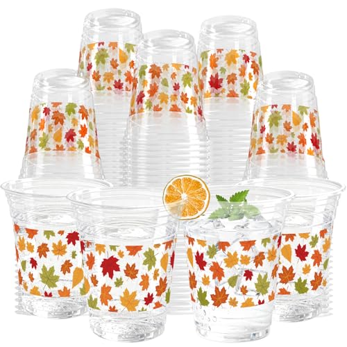 KOPOOEOE 100 Pcs Thanksgiving Plastic Cups Fall Maple Leaf 12oz Clear Disposable Plastic Cups for Harvest Autumn Fall Thanksgiving Birthday Party Supplies