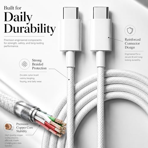 Image of Type C to C USB Cable 1m 65W Rapid Fast Charging 15A Universal Type C Charger Cord for Smartphones & Tablets | White Durable Charging Cable
