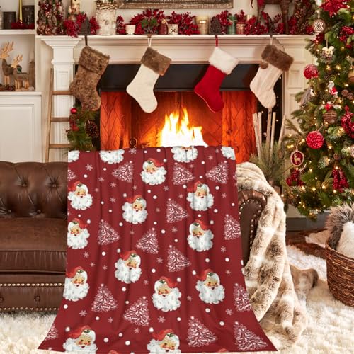 Xmas Santa Claus Blankets, Christmas Soft Anti Pilling Red Throw Blanket, Winter Snowflake Tree Decorative Lightweight Flannel Blanket, 40x50 Inches Sofa Fleece Blanket for Girl Children