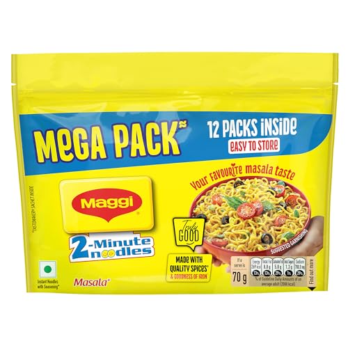 MAGGI 2-Minute Instant Noodles, Masala Noodles With Goodness Of Iron, Made With Choicest Quality Spices, Favourite Masala Taste, 840/900g Pouch (Pack of 12, 70/75g each) (weight may vary) MAGGI 2-Minute Instant Noodles, Masala Noodles With Goodness Of Iron, Made With Choicest Quality Spices, Favourite Masala Taste, 840/900g Pouch (Pack of 12, 70/75g each) (weight may vary)