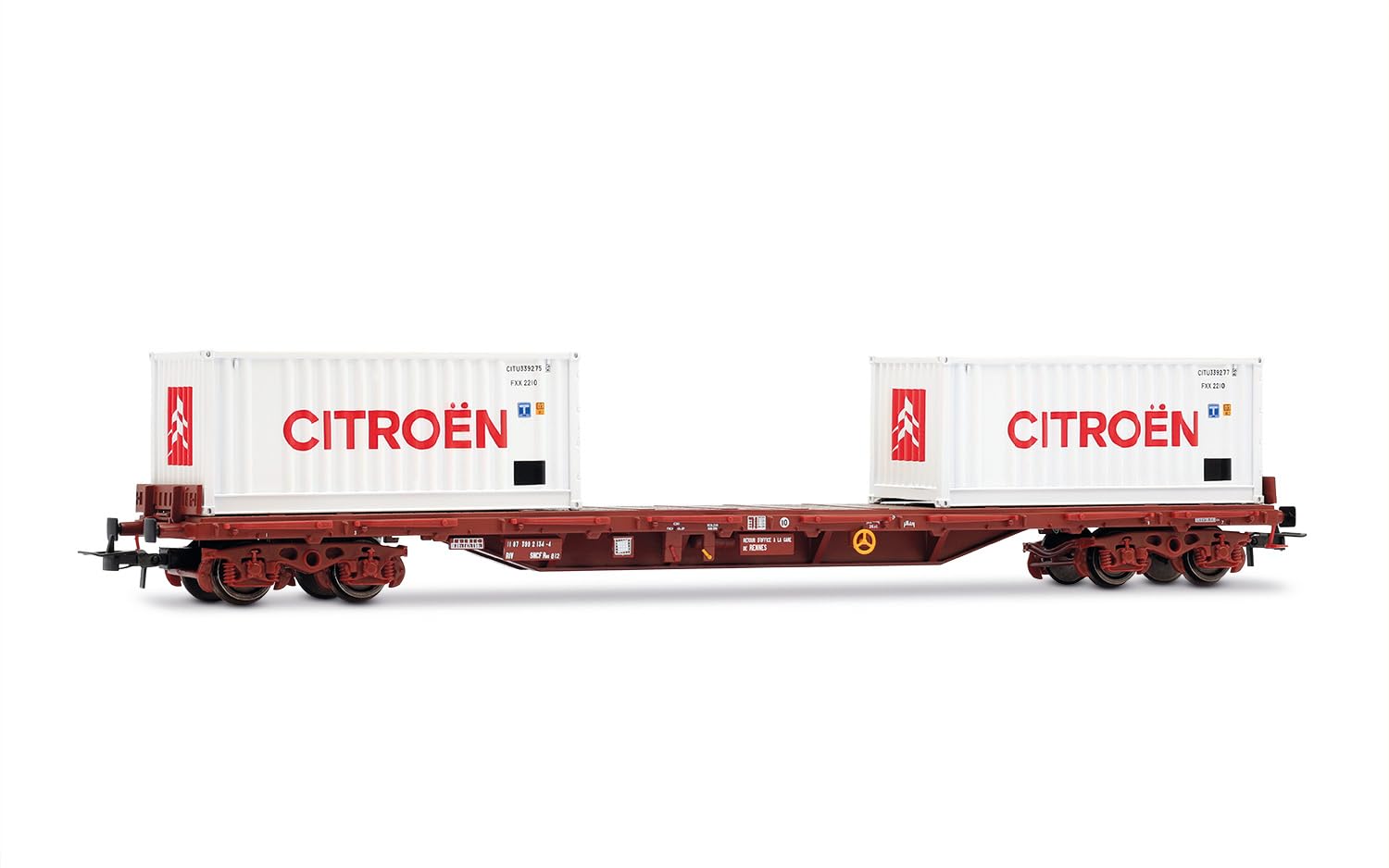 JOUEF HJ6310 SNCF, 4-achsiger Rungenwagen, Typ Rs mit 2 x 20'-Containern „Citroen“, weiß, Ep. IV Railway 1x Wagon