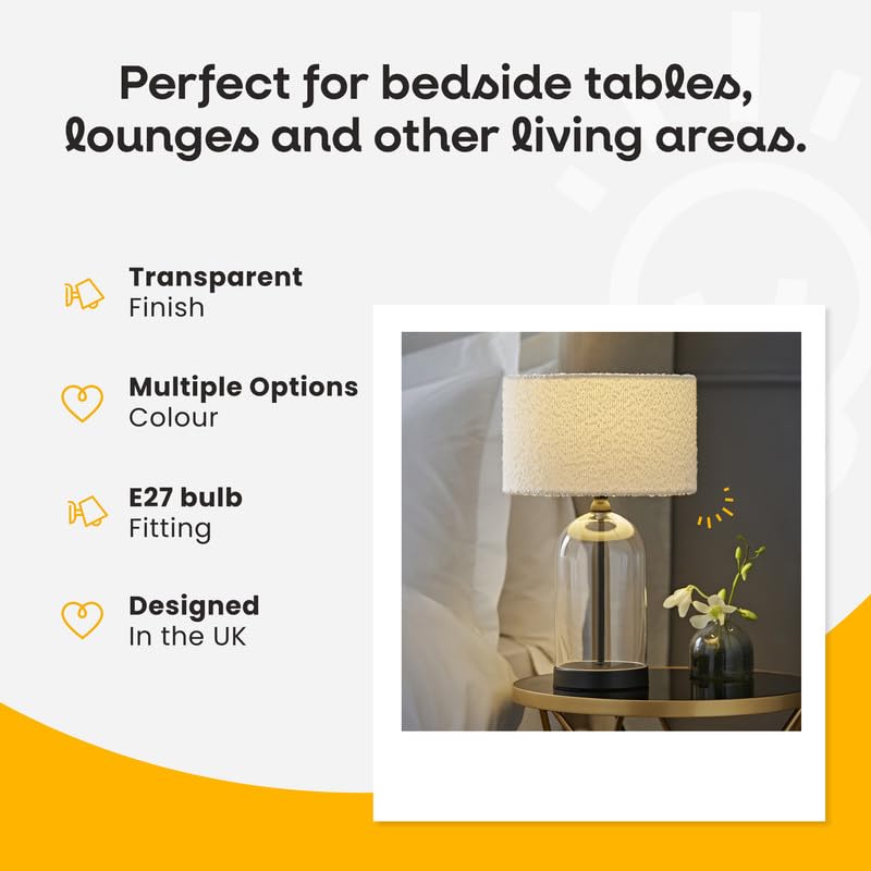 ValueLights | Glass and Black Metal Bedside Table Lamp with a Cream Boucle Lampshade + LED Bulb | Home Décor, Bedside & Desk Lamp | Includes Bulb - Image 4