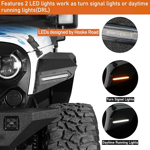 Image of Hooke Road JK 8.7 inch Wide Flat Front Fender Flares for 2007-2018 Jeep Wrangler JK & JKU Unlimited 2 or 4 Doors, Steel Fenders with Turn Signal Lights DRL - 2 PCS