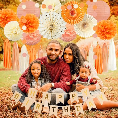 Orange Beige Herbst Boho Geburtstag Party Dekorationen Herbst Süß Pfirsich Geburtstag Frauen Mädchen Groovy Papierlaternen Seidenpapier Pom Poms Papierfächer Quaste Gralands Herbst Orange Beige Party