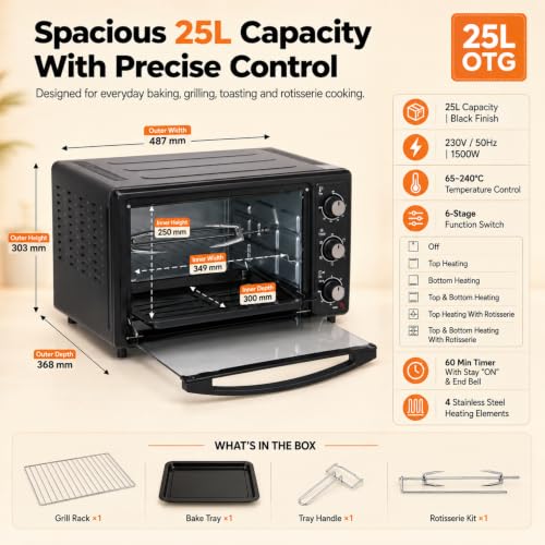 Image of ITALIA 25L OTG Oven Toaster Griller for Kitchen, 1500W Motorized Rotisserie