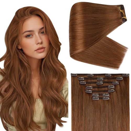 Image of Full Shine Copper Orange Hair Clip in Extensions, 24 Inch 150g 7Pcs | Ginger Real Human Hair Extensions Clip ins, Straight Thick Hair Extension, Long Layered Styles, Parties & Photoshoots
