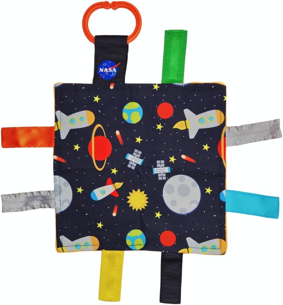 Baby Jack & Co 8x8” Outer Space Lovey Tag Toys for Babies - Crinkle Toys - Travel Self Sooth - Soft & Safe - Learn Shapes, Colors, Planets - BPA Free w/Stroller Clip