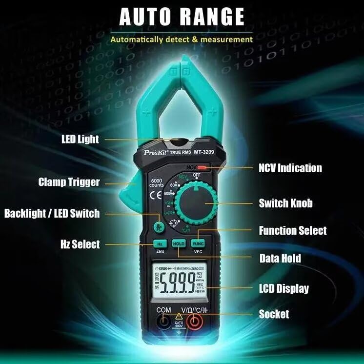 Miniatura 2 de MT-3209 3-5/6 AC/DC Medidor de abrazadera digital, iluminación LED, pantalla digital LCD, sonido y zumbador de luz, mantenimiento eléctrico
