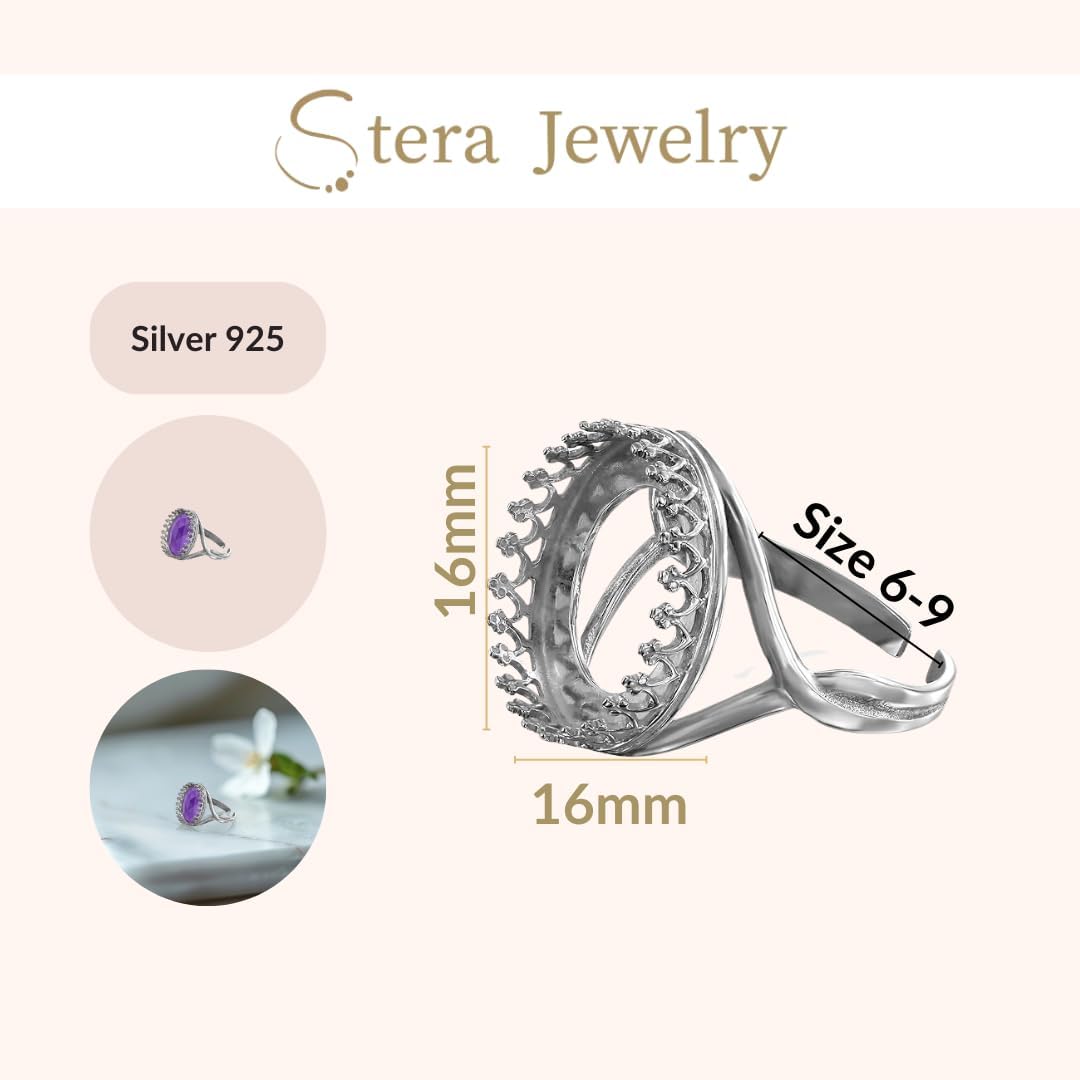 925 Sterling Silver Adjustable Ring Blank with 12-16 mm Round Bezel Setting with Decorative Crown Trim