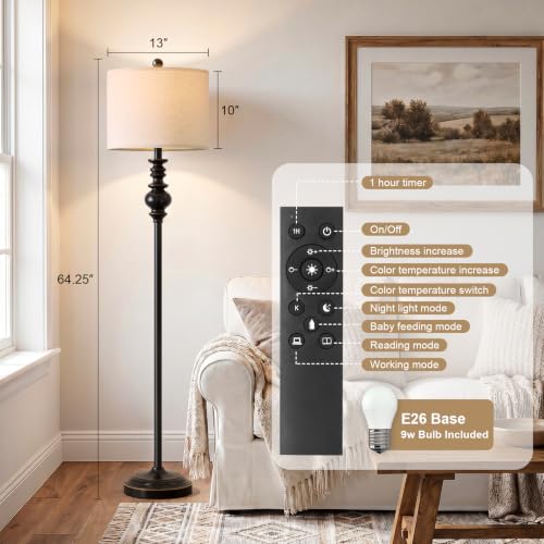 Image of BOBOMOMO 64.25 inch Farmhouse Floor Lamp with Remote, Dimmable Black Floor Lamp with Adjustable Color Temperatures, Tall Standing Lamps for Living Room Corner, Bedroom & Office, 9W Bulb Included