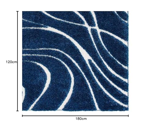 Image of Geometric Wave Shaggy Rectangular Carpet For Living Room,Bedroom,High Low Design Finish Microfiber 1.8 Inch Pile High,4X6 Feet Navy|Ivory Color