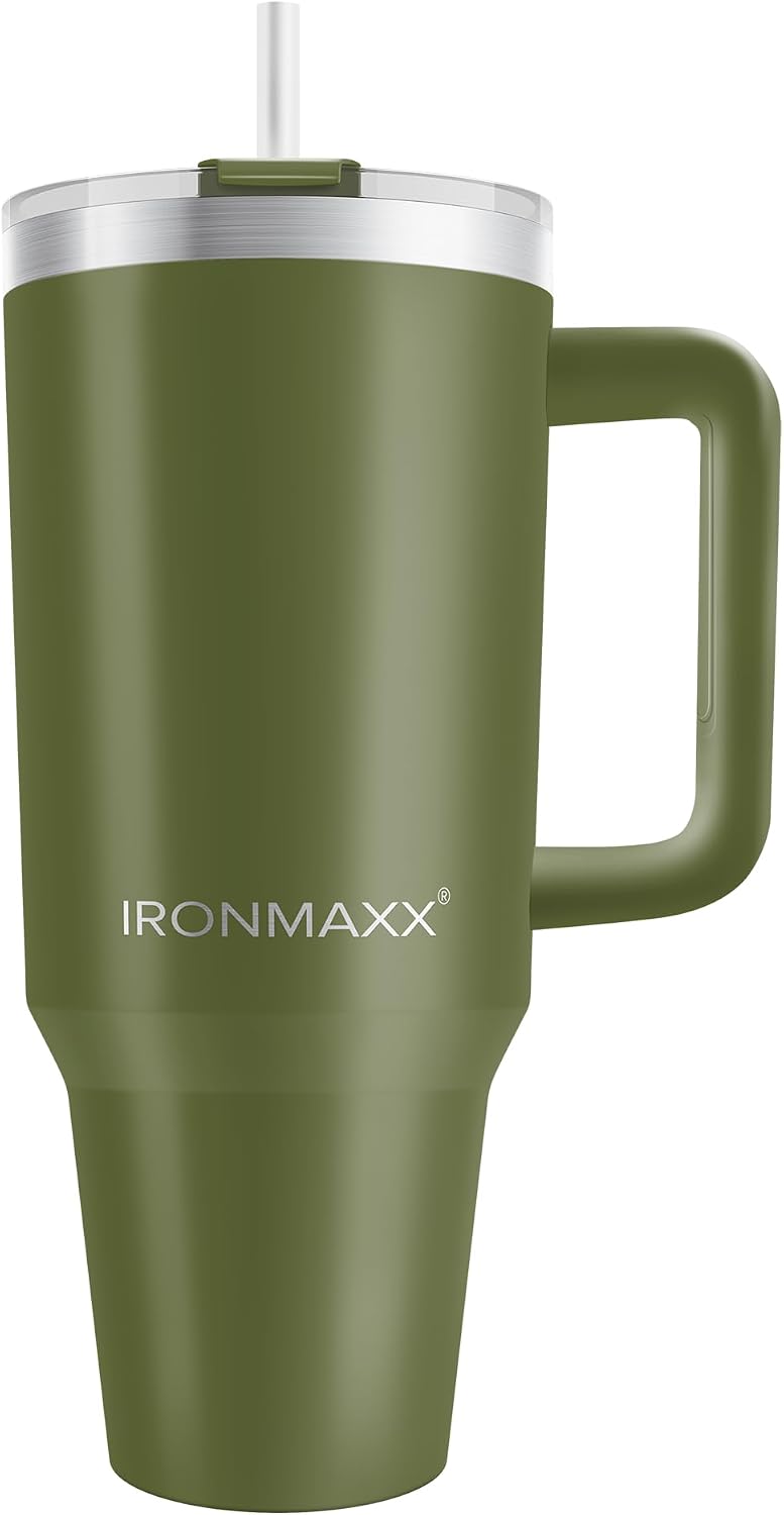 IronMaxx Cup with Handle - Olive Green 1.2 L with Included Straw Slim Modern Design Made of Stainless Steel Double-Walled Insulation Keeps Warm and Cold
