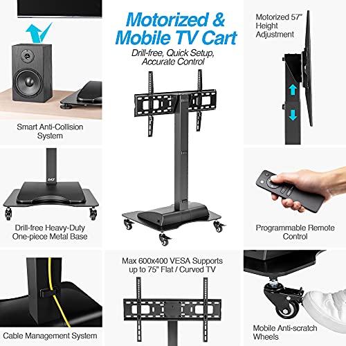 Avlt Motorized & Mobile 2-In-1 Tv Lift Cart For 37-75 Inch Flat/Curved Screens Automated Lift With Remote Height Adjustable Up To 57" Floor Rolling Stand With Locking Wheels For Home Office #TOP2