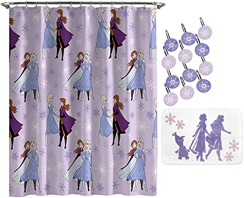 Jay Franco Disney Frozen Icy 14 Piece Bathroom Set - Includes Shower Curtain, 12 Hooks, & Non-Slip Bath Rug - Easy Care Fabric Features Elsa, Anna, & Olaf (Official Disney Product) #TOP6