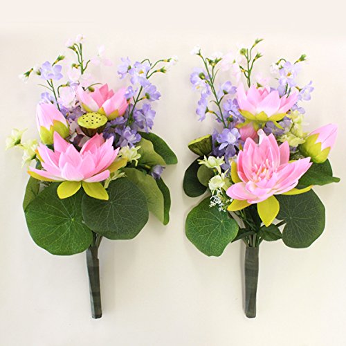 山久 造花 仏花 ハスの花束一対 ピンク 約50cm シルクフラワー 蓮 蓮の花 CT触媒(消臭分解・防汚)加工 お彼岸 お盆 お仏壇 お墓 花 お供え btb