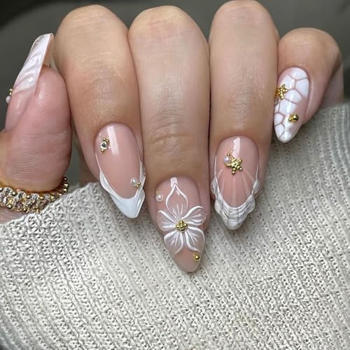 24Pcs Summer Press on Nails Medium Almond White French Tip Fake N...