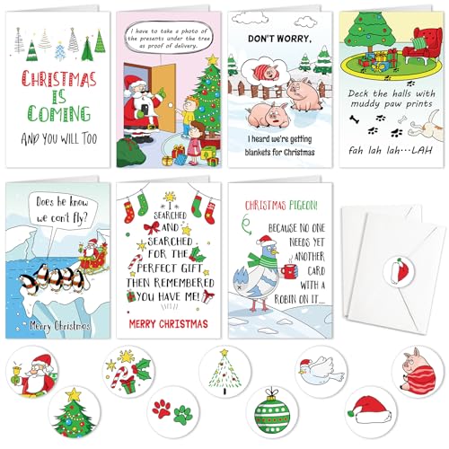 DPKOW Funny Christmas Cards Pack 9 Style Humorous Christmas Greeting Card with Envelope Sticker Xmas Gift Cards and 16 Sealing Stickers Blank Inner