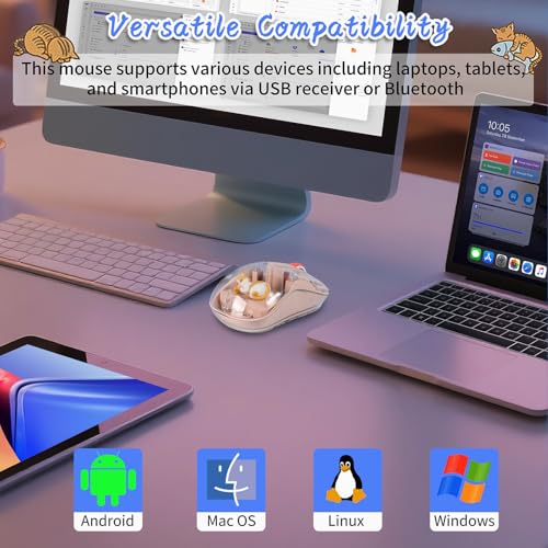Image of Cute Wireless USB C Mouse - Bluetooth Triple Mode Rechargeable Cartoon Mouse for Laptops, iPads & MacBook Air /Pro - Silent Operation, Portable Design, Unique Magnetic Character (Milk tea color)