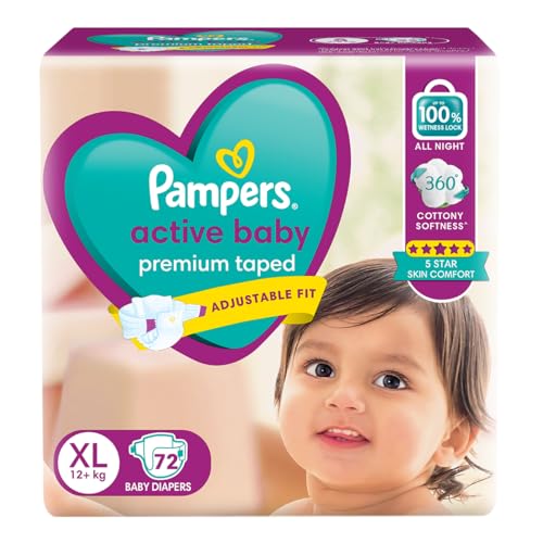 Image of Pampers Active baby Tape Style Baby Diapers, Large (XL), 72 Count, 12+ kg, Adjustable Fit with 5 Star Skin Protection Diapers (Pack of 3)