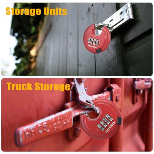 Image of DELSWIN Outdoor Combination Padlock - 4 Digit Heavy Duty Disc Lock with Hardened Shackle,Combo Padlock for Gate,Storage Unit,Fence(25 /64 inch Shackle, Red,1Pcs)