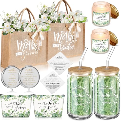 Hushee 2 Sets Mother of the Bride and Mother of the Groom Gifts Set Includes 16 oz Glass Cups Canvas Tote Bags Cosmetic Bag Handkerchief Candle for Mom Bridal Shower Wedding Gifts(Eucalyptus)