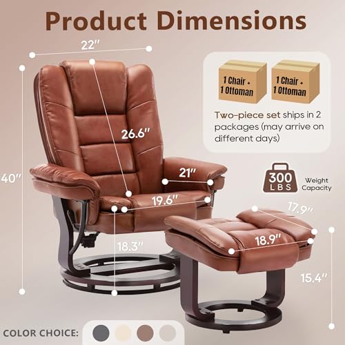 Image of Argus Swivel Recliner with Ottoman, PU Leather & Wood Base Reclining Chair with Footrest, Ultra-Plush Double Foam for Living Room, Bedroom and Office, Set of 2