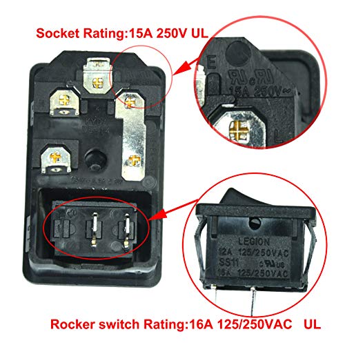 2pcs FILSHU Large Current Inlet Male Power Socket with 15A Rocker Switch and Fuse,15A 250V 3Pin IEC320 C14
