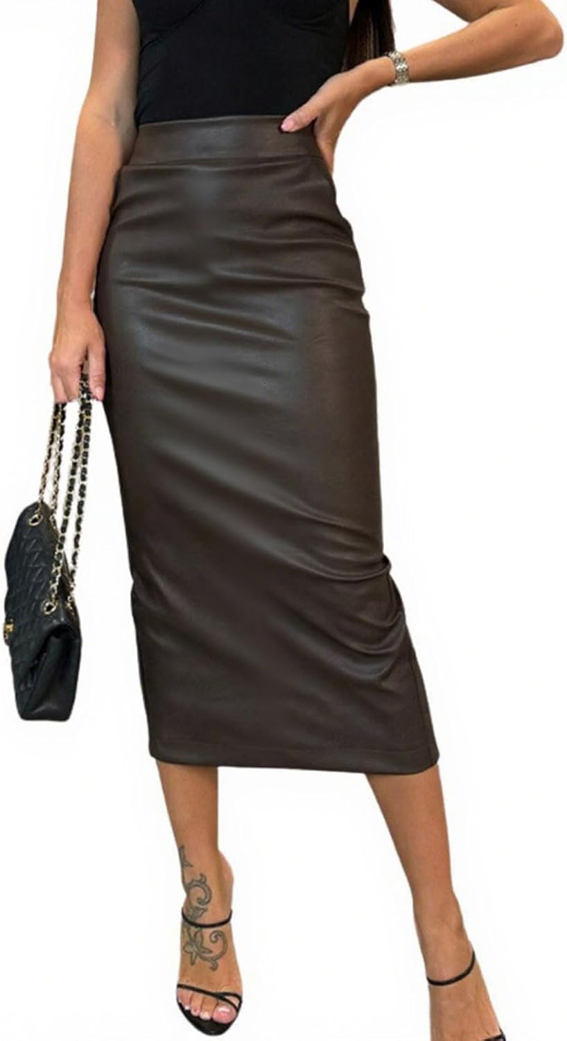 utcoco Womens Long Faux Leather Skirt Bodycon High Waist Slim Pencil Midi Skirt
