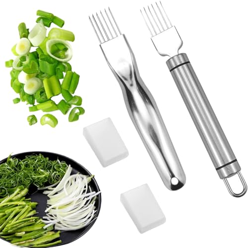 Paotxpum 2 PCS Stainless Steel Green Onion Slicer Kitchen Scallion Cutters Kitchen Tool Slice Cutlery Scallion Cutter Vegetable Garlic Shredding Tool Food Speedy Chopper for Cutting Vegetable