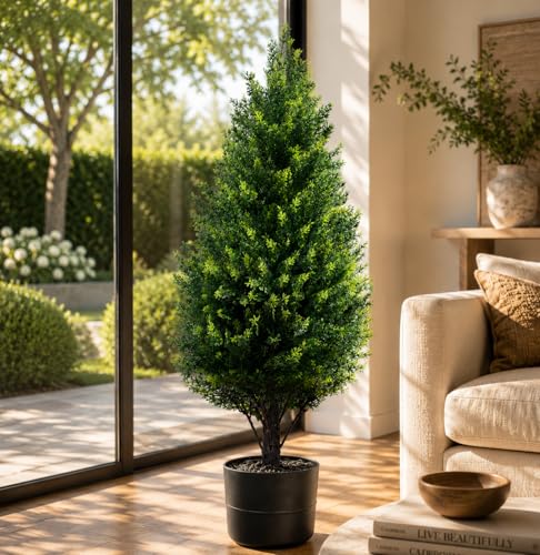 Artificial Potted Plants Topiary Trees for Outdoors Planters,2.3FT Artificial Cypress Tree Outdoor Indoor Fake Pine Tree Faux Bushes Plants with Pot for Front Porch Garden Spring Summer Decor
