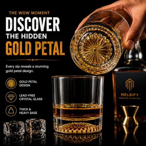 Image of Melbify Italian Petal Whiskey Glasses | 300ml | Set of 4 | Artistic | Designer Whiskey Glass | Elegant | Premium| Royal | Luxurious | High end Expensive Whisky Glasses with Gold Plated Bottom