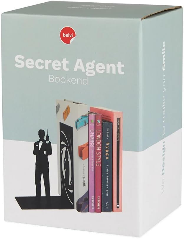 Balvi Secret Agent Bookend – Decorative Metal Bookend in Black – Original Design – Ideal for Home and Office – Keeps Books Organized and Upright for Book Lovers – Sujetalibros