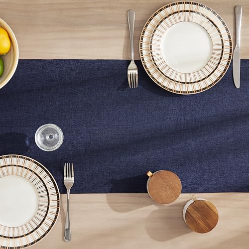 Image of ZeeMart Burlap Style Farmhouse Table Runners 36 Inches Long, Navy Rustic Woven Dining Table Runner for Everyday Use, 14x36 Inches, Navy