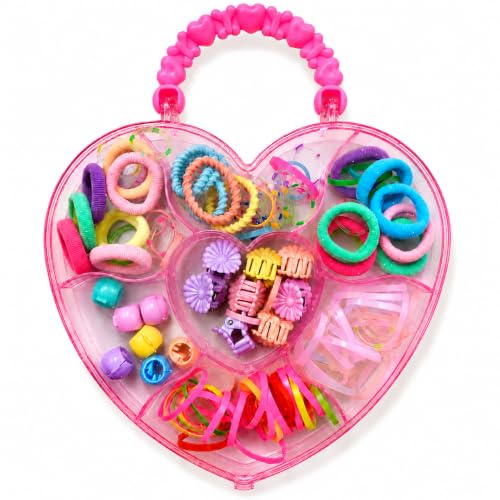 Image of Hair Accessories for Kids Girls | Heart Shaped Storage Box with Rubber Bands, Hair Ties, Mini Claws, Beads & Flower Clips | Baby Girl Hair Accessories Set | Cute Clips for Kids | Mixed Designs | GogoPogo