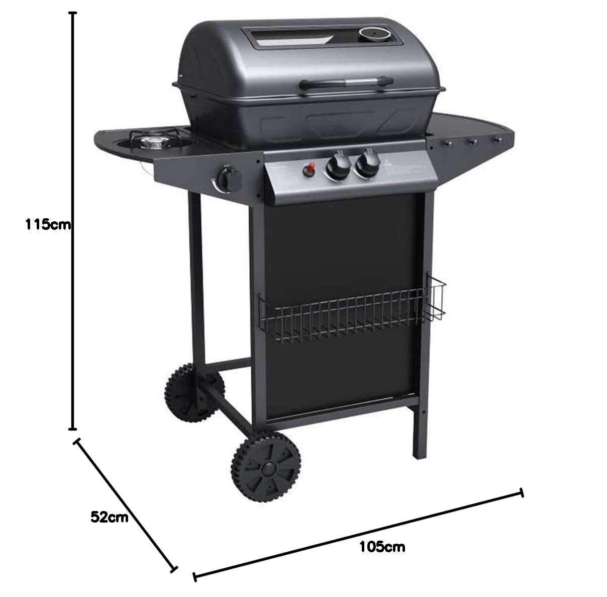Bakaji - Barbacoa de gas y piedra volcánica con 2 fuegos, parrilla de acero inoxidable con superficie de apoyo y hornillo lateral, 2 ruedas y tapa Grill BBQ para exterior, jardín, terraza
