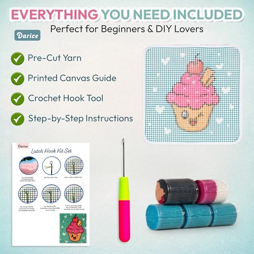Image of Darice Latch Hook Rug Kit, Cupcake Design DIY Latch Hook Kit for Kids & Adults, Color Canvas, PreCut Yarn & Hook Tool, Craft Activity & Gift for Kids