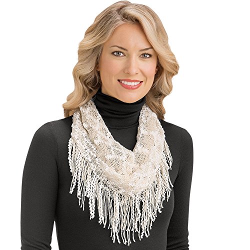 Soft Crochet Knit Infinity Scarf with Tassel Fringe - Dress Up Any Outfit With This Warm Accent, Beige