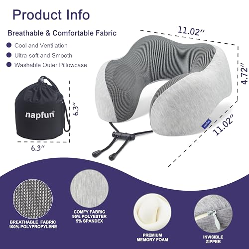 napfun Neck Pillow for Traveling, Upgraded Travel Neck Pillow for Airplane 100% Pure Memory Foam Travel Pillow for Flight Headrest Sleep, Portable Plane Accessories, Light Grey - Image 3