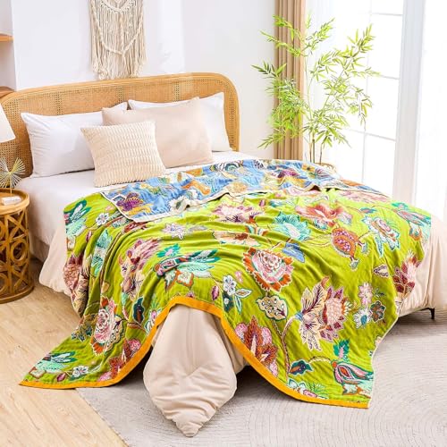 Image of XIBLC Fall Throw Blanket, 100% Cotton Soft Rustic Boho Throw Blanket for Bed, 60 inchx80 inch Farmhouse Decor Bed Flower Blankets, Light Weight Reversible Bohemian Throw Quilt