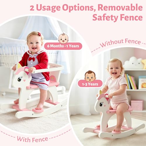 Image of FUNLIO Wooden Unicorn Baby Rocking Horse Ages 0.5-3, Cute Baby Rocking Horse with Removable Fence & Backrest, Easy to Assemble Toddler Wooden Rocking Horse, CPC & CE Certified - Pink