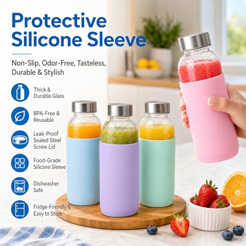 Image of Luxfuel 16 oz Glass Water Bottles 4 Pack with Lids & Silicone Sleeve | Leak Proof Glass Juice Bottles with Stainless Steel Lids for Juicing, Smoothies & Fridge Storage, Reusable, Dishwasher Safe