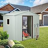 SONGG 8 x 4 Ft Metal Outdoor Storage Garden Shed with Side Window, Sliding Doors & Lock, Floor Base and Air Vents, Outside Utility Tool House for Backyard, Lawn, Pool