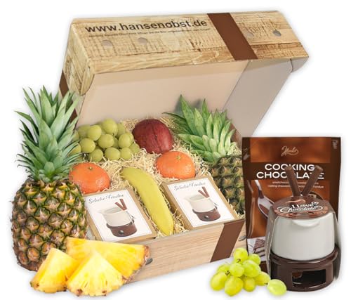Hansen Obst - Glücksmomente Geschenkbox - fruchtige Obst-Box - “Schokoladenfondue” - Präsentkorb - Obst-Geschenkset - gefüllte Obstkiste - Obstbox mit frischem Obst