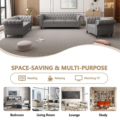 Image of QHITTY 2 Piece Living Room Set, Sectional Chesterfield Sofa Chair Contemporary Upholstered Leather Loveseat Couch Sets for Living Room, Bedroom, Office (Grey)